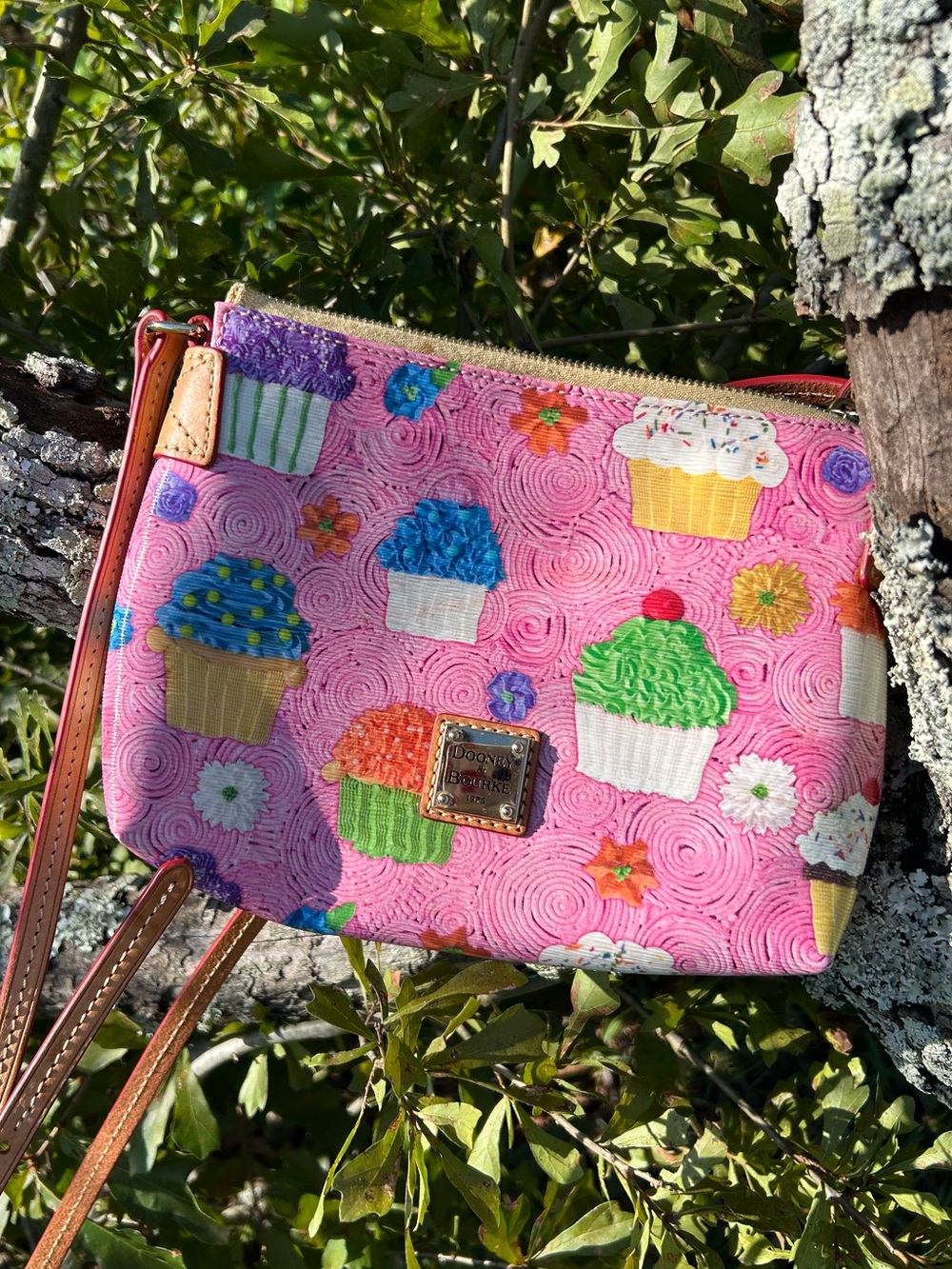 Vintage Dooney & Bourke Pink Cupcake Print Crossbody Purse Bag Colorful Floral
